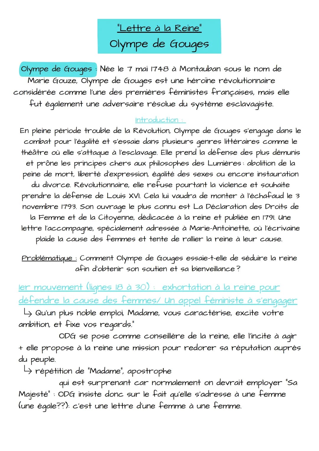 "Lettre à la Reine"
Olympe de Gouges
Olympe de Gouges
Née le 7 mai 1748 à Montauban sous le nom de
Marie Gouze, Olympe de Gouges est une hér