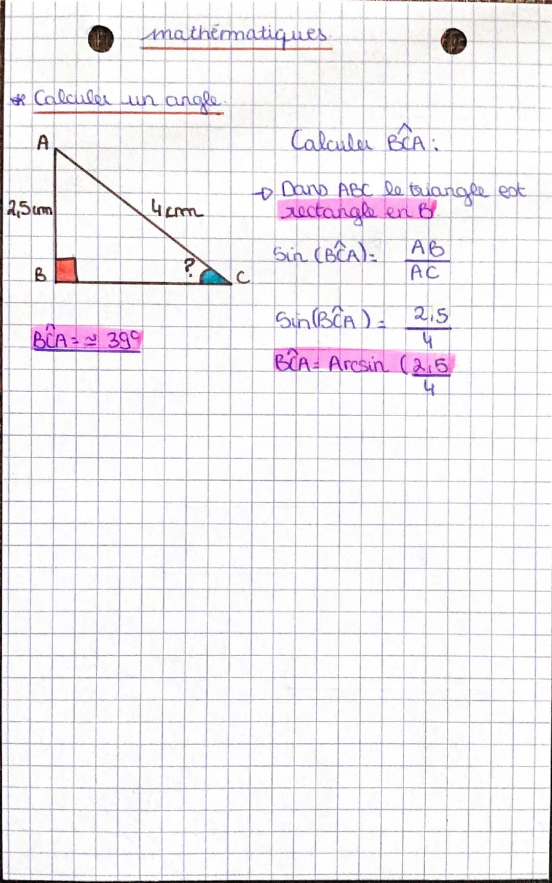 mathematiques.
Trigonometue
"CAH 50H TOA"
hypotenure
côté oppose
• Formules
coté adjacent
* Sinus: Sin (angle) = oppose
hypotenuse
* Cosinus