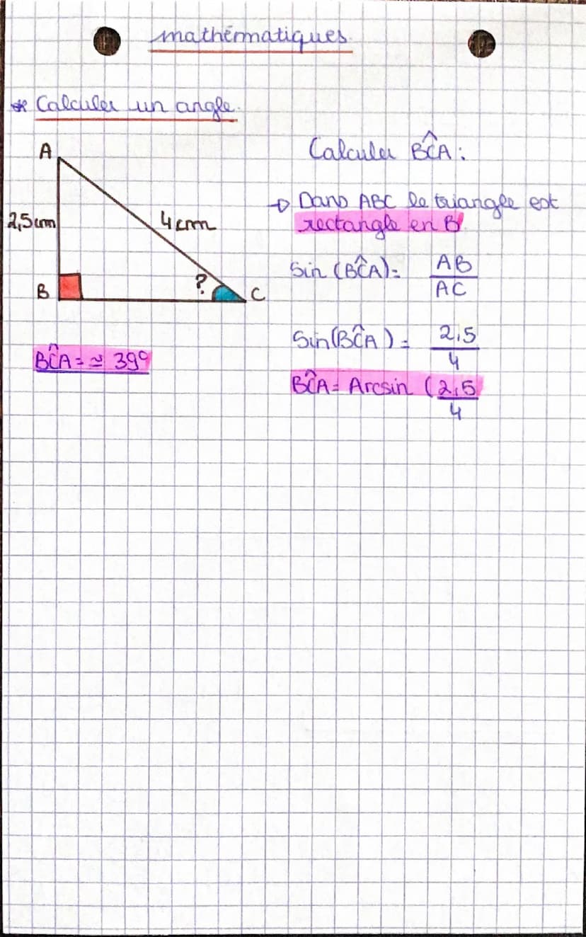 mathematiques.
Trigonometue
"CAH 50H TOA"
hypotenure
côté oppose
• Formules
coté adjacent
* Sinus: Sin (angle) = oppose
hypotenuse
* Cosinus