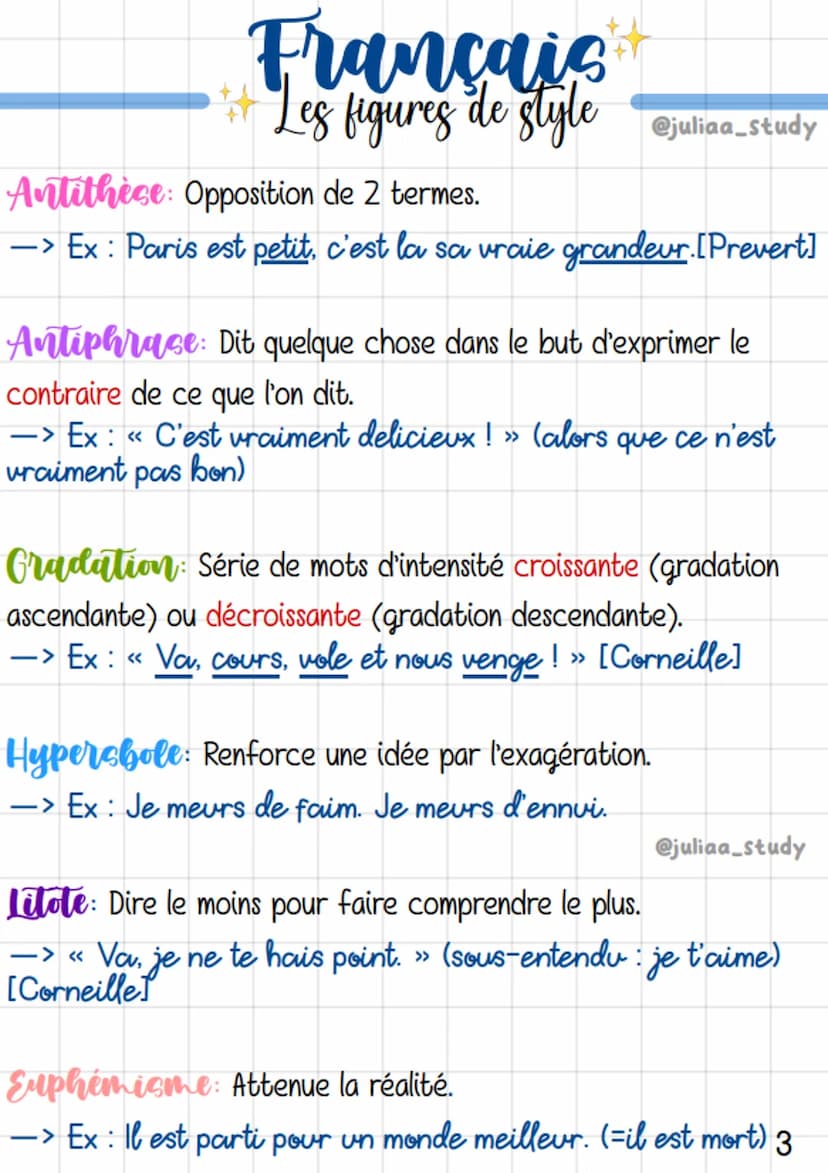 Francais
# Les figures de style @juliaa_study
Comparaison: Met en relation un élément (le comparé) avec
un autre (le comparant) avec un outi