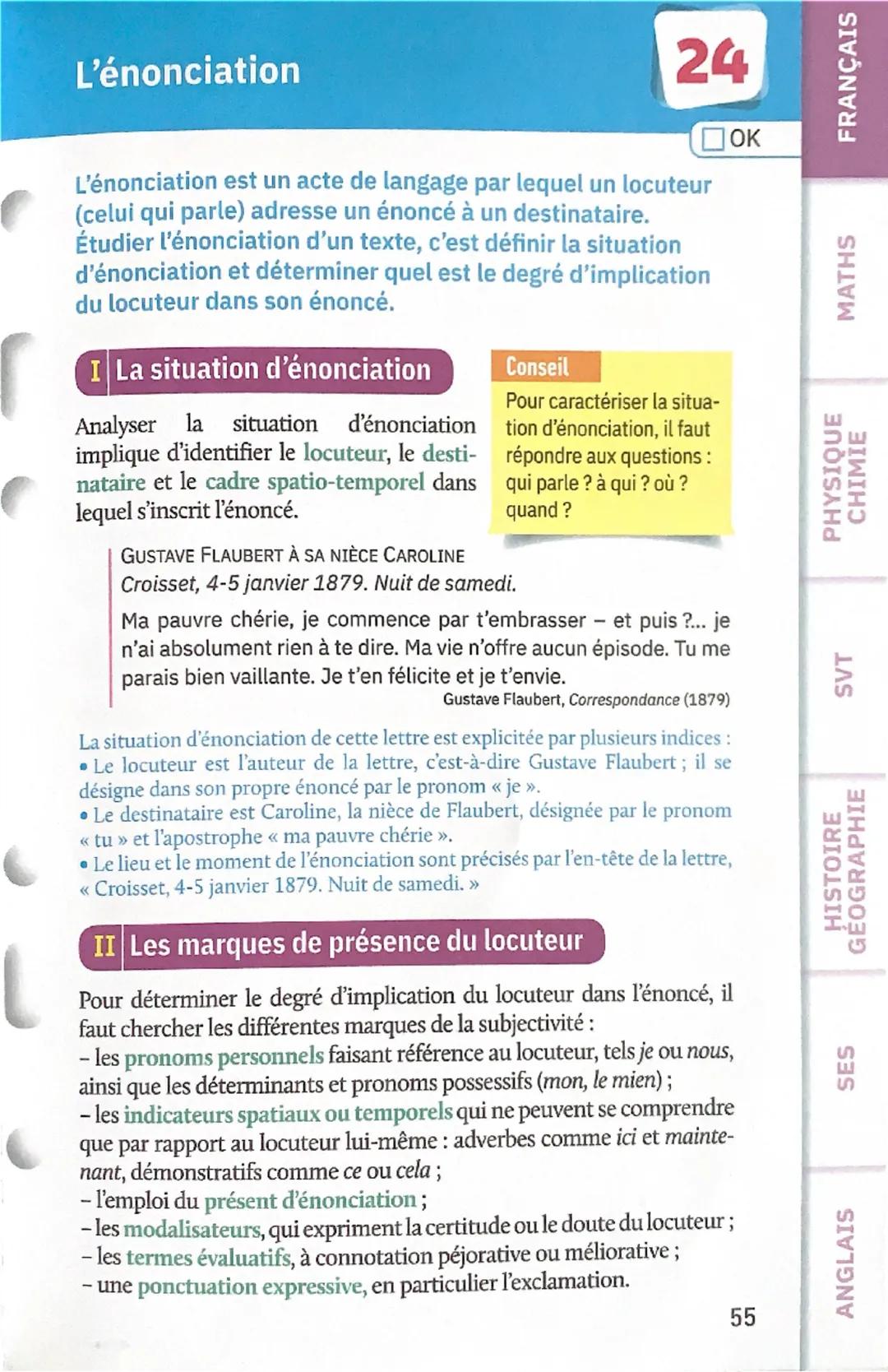 L'énonciation
24
OK
SVT
PHYSIQUE
CHIMIE
MATHS
FRANÇAIS
L'énonciation est un acte de langage par lequel un locuteur
(celui qui parle) adresse