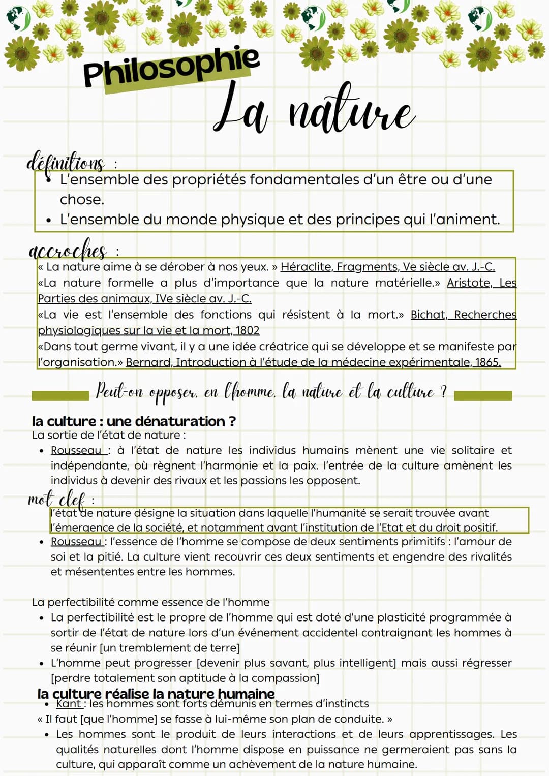 Philosophie
La nature
définitions
:
L'ensemble des propriétés fondamentales d'un être ou d'une
chose.
• L'ensemble du monde physique et des 