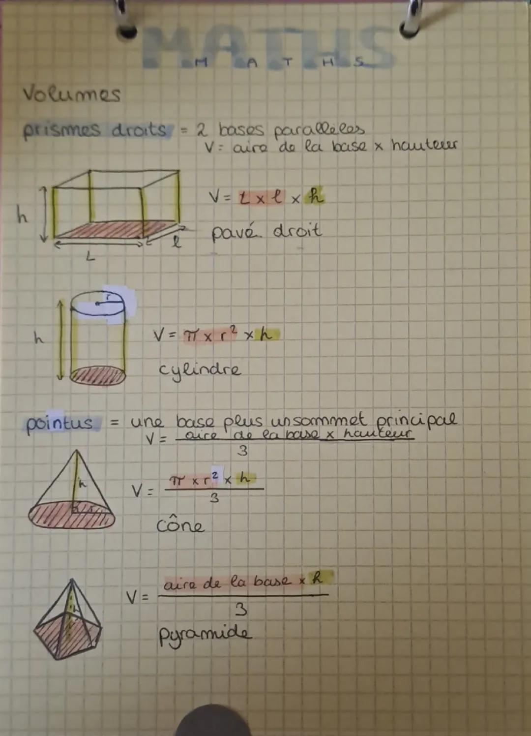 MATHS

Volumes

prismes droits = 2 bases paralleles
$V$: aire de la base x hauteur


h

L

$V = l \times l \times h$
pavé droit


$V=\pi x r