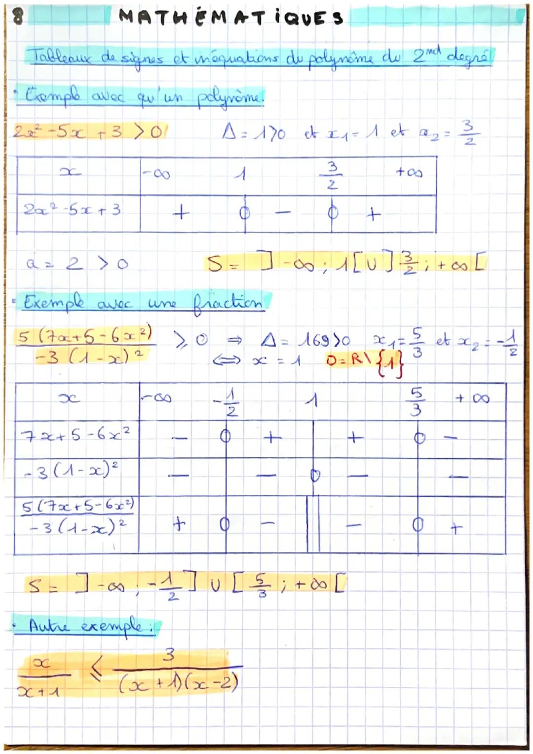 8
# MATHEMATIQUES
Tableaux de signes et méquations de polynome do 2nd degré
*   Exemple avec qu'un polyvome.

$2x^2-5x+3>0$ 

$\Delta$=1>0 e