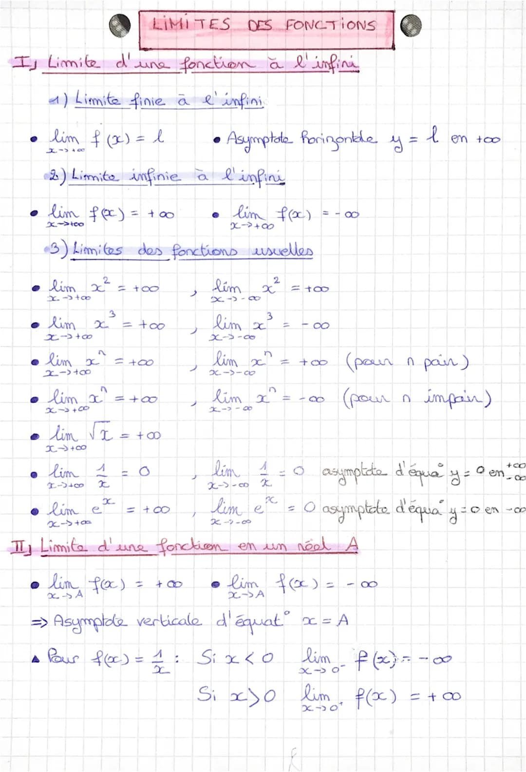 LIMITES DES FONCTIONS
Is Limite d'une fonction à l'infini
1) Limite finie à l'infini
●
●
lim f(x) = l
x->+∞o
lim f(x) =
X4100
• lim x²
X+Ø
●