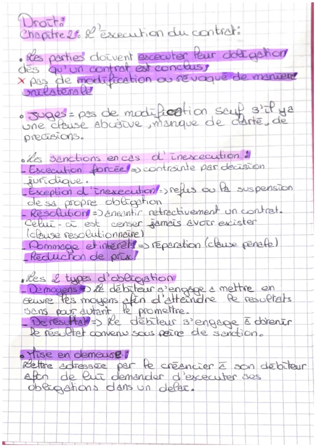 Drotta
Chapitre 28 L'excecution du contrat:
les parties doivent excecuter Peur dotigation
des qu'un contrat est conclus
x pas de modificatio