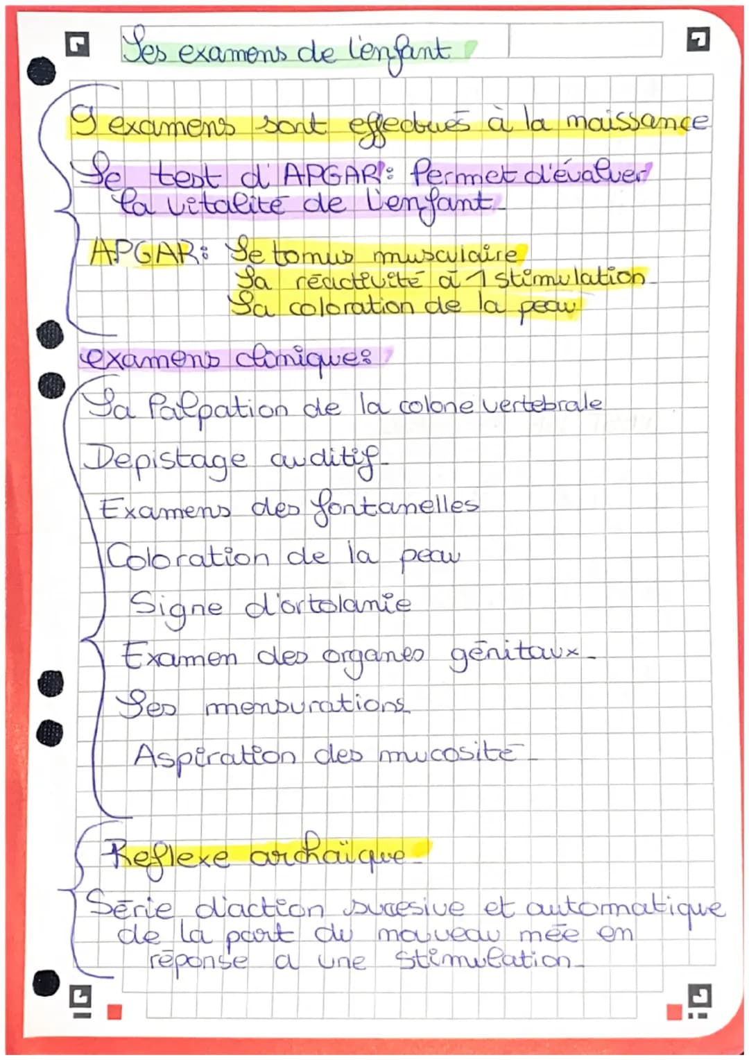 □ Ses examens de l'enfant
I examens sont effectues à la maissance
Se test d' APGAR!: Permet d'évalver
la vitalité de Venfant
APGAR: Se tomus