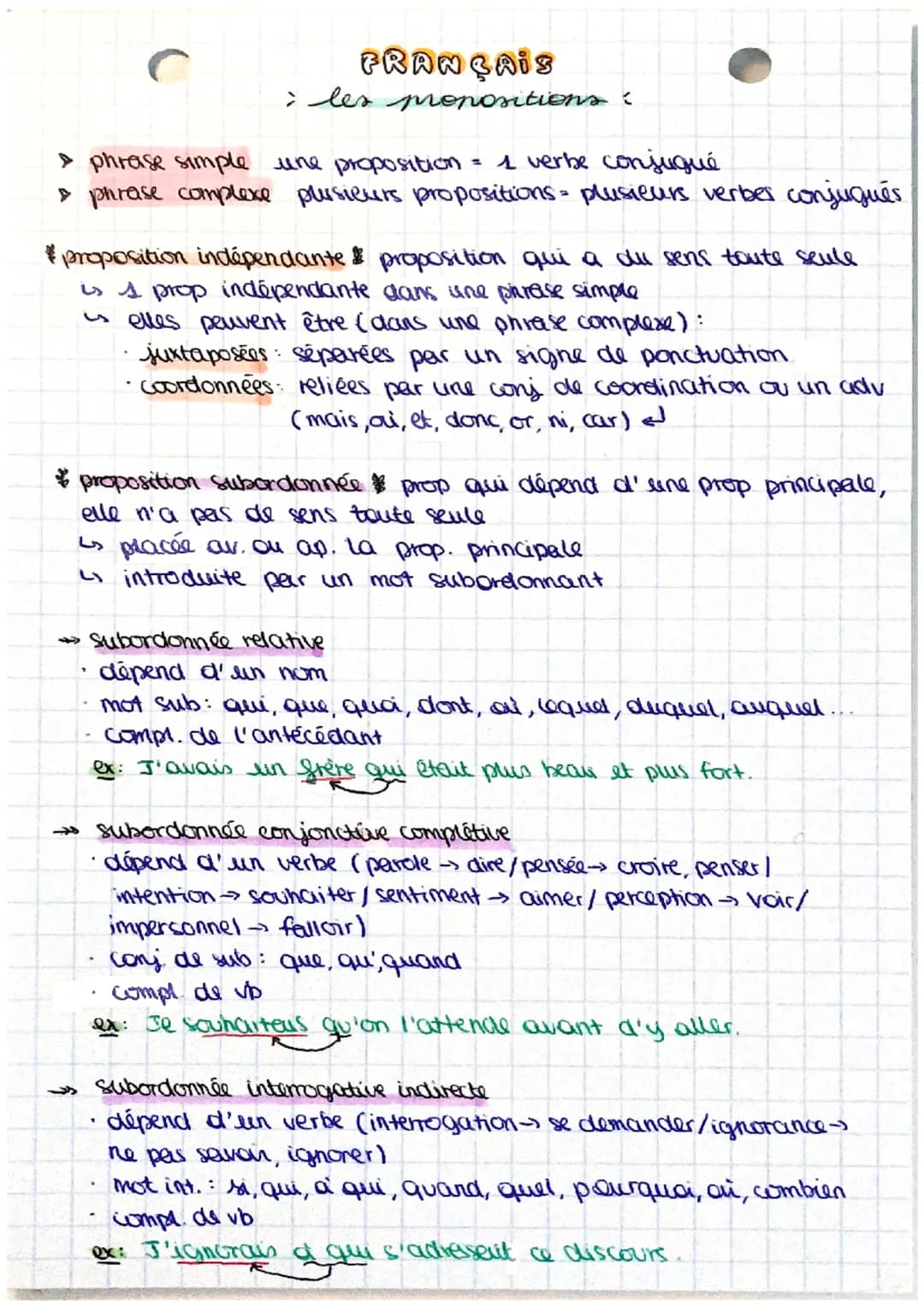 > phrase simple une proposition = 1 verbe conjugué
▷ phrase complexe plusieurs propositions plusieurs verber conjugués.
FRANÇAIS
; les propo