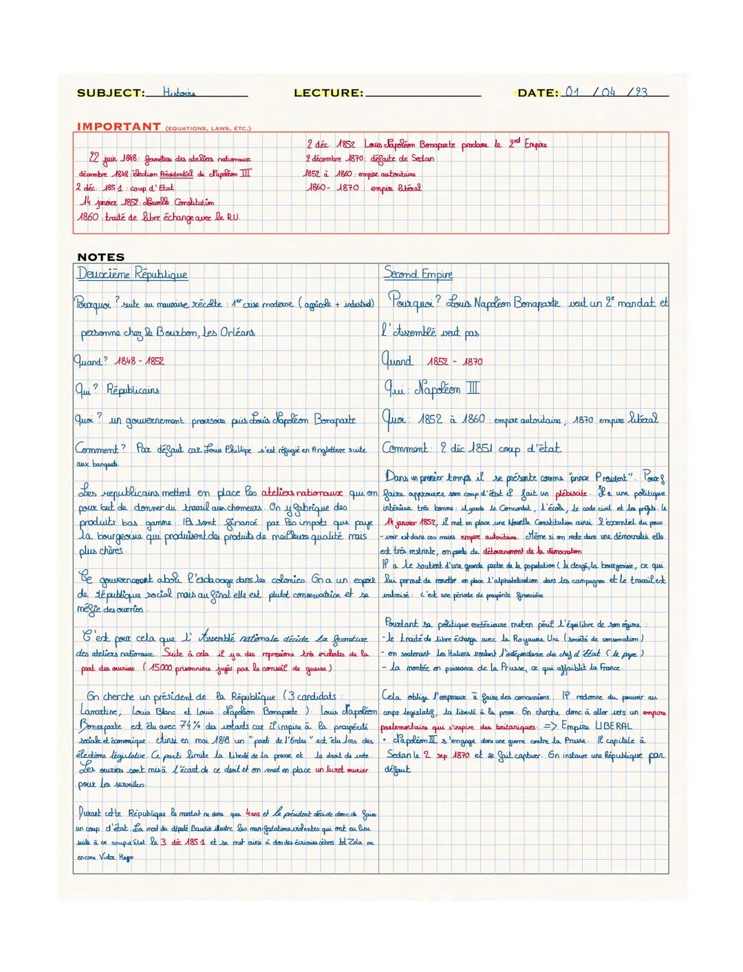SUBJECT: Histoire

LECTURE: 

DATE: 01/04 193

IMPORTANT (EQUATIONS, LAWS, ETC.)

- 22 juin 1848 Janetion des atelias nationausz
- décembre 