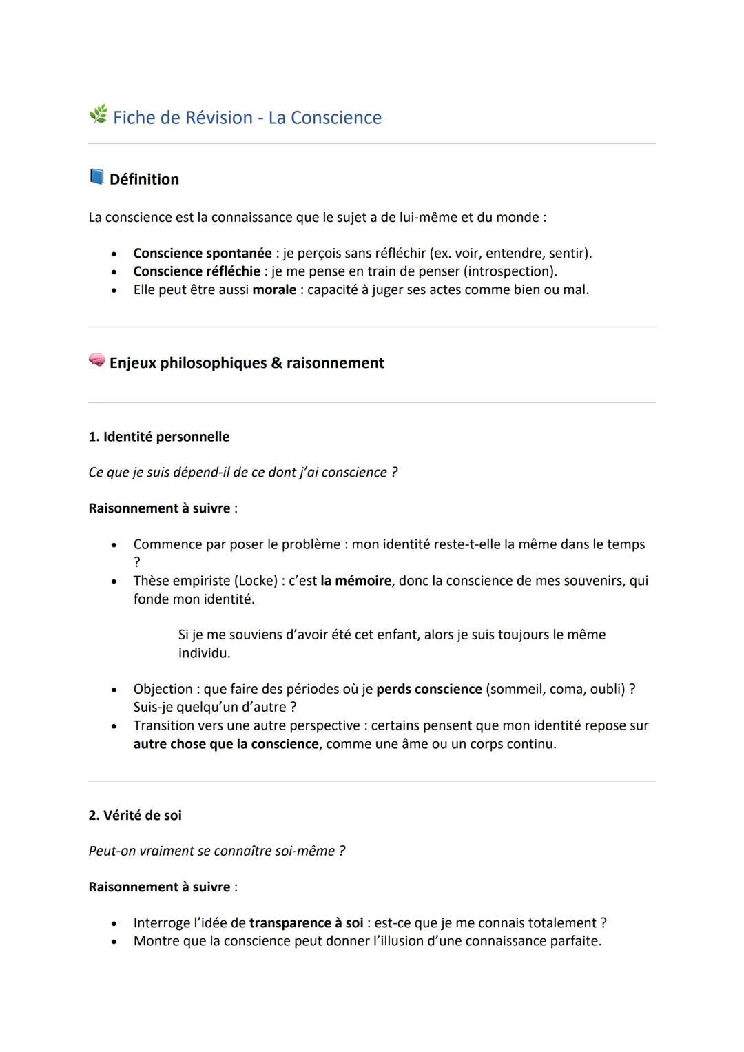 # Fiche de Révision - La Conscience

## Définition

La conscience est la connaissance que le sujet a de lui-même et du monde :

* Conscience
