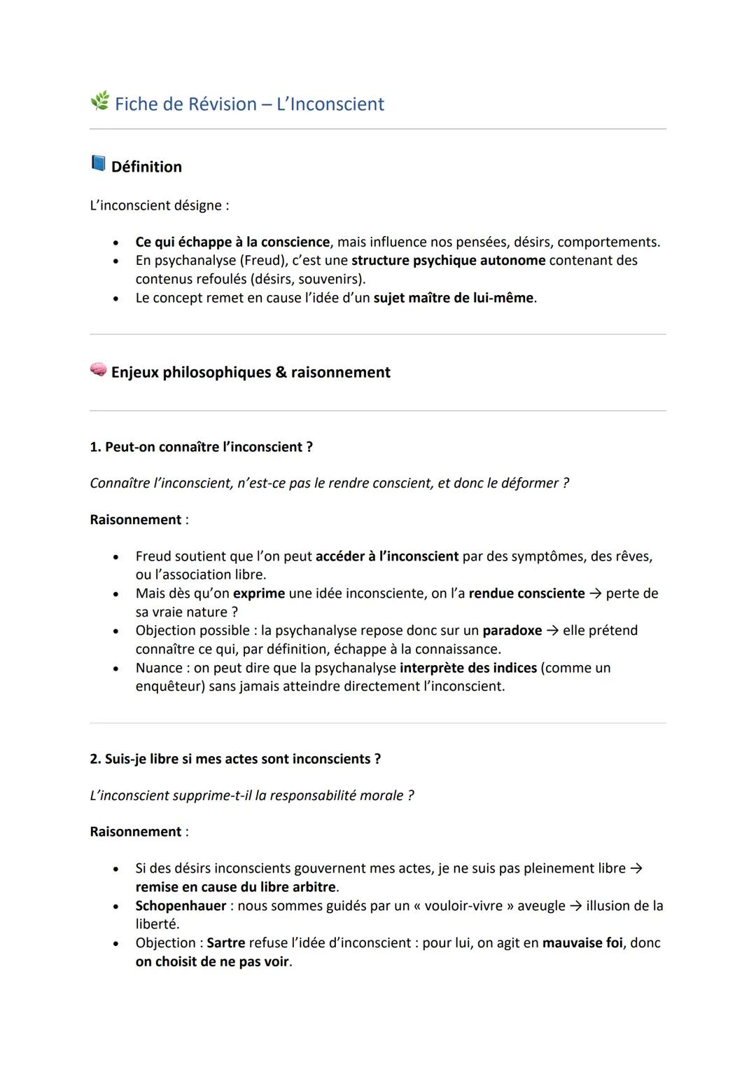 # Fiche de Révision - La Conscience

## Définition

La conscience est la connaissance que le sujet a de lui-même et du monde :

* Conscience
