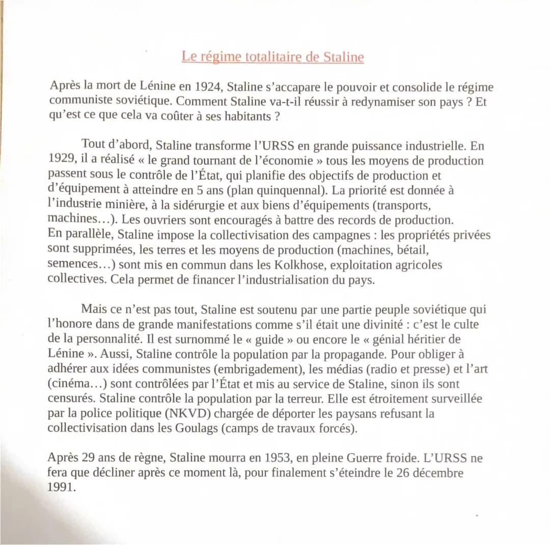 Le régime totalitaire de Staline