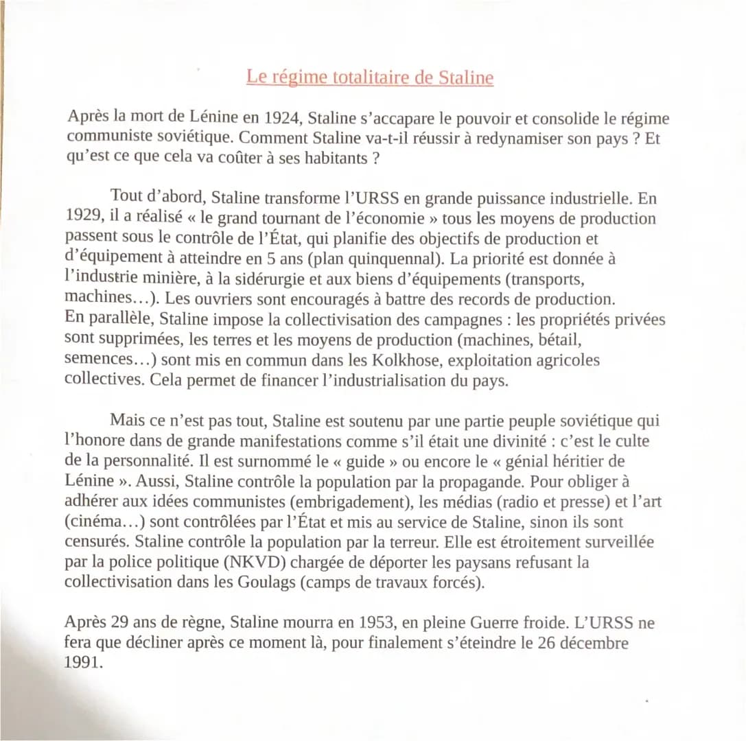 Le régime totalitaire de Staline
Après la mort de Lénine en 1924, Staline s'accapare le pouvoir et consolide le régime
communiste soviétique