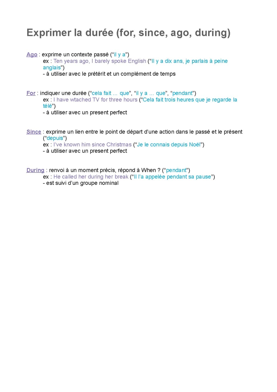 Comprendre et Utiliser 'For', 'Since', 'Ago' et 'During' en Anglais