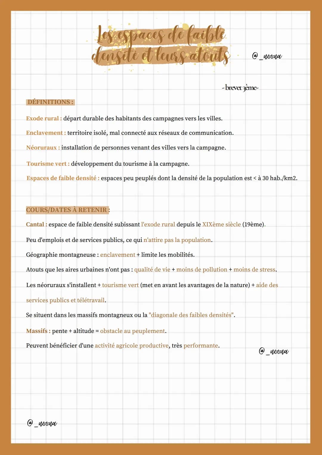 Les espaces de faible
densite et leurs atouts
DÉFINITIONS:
Exode rural: départ durable des habitants des campagnes vers les villes.
Enclavem