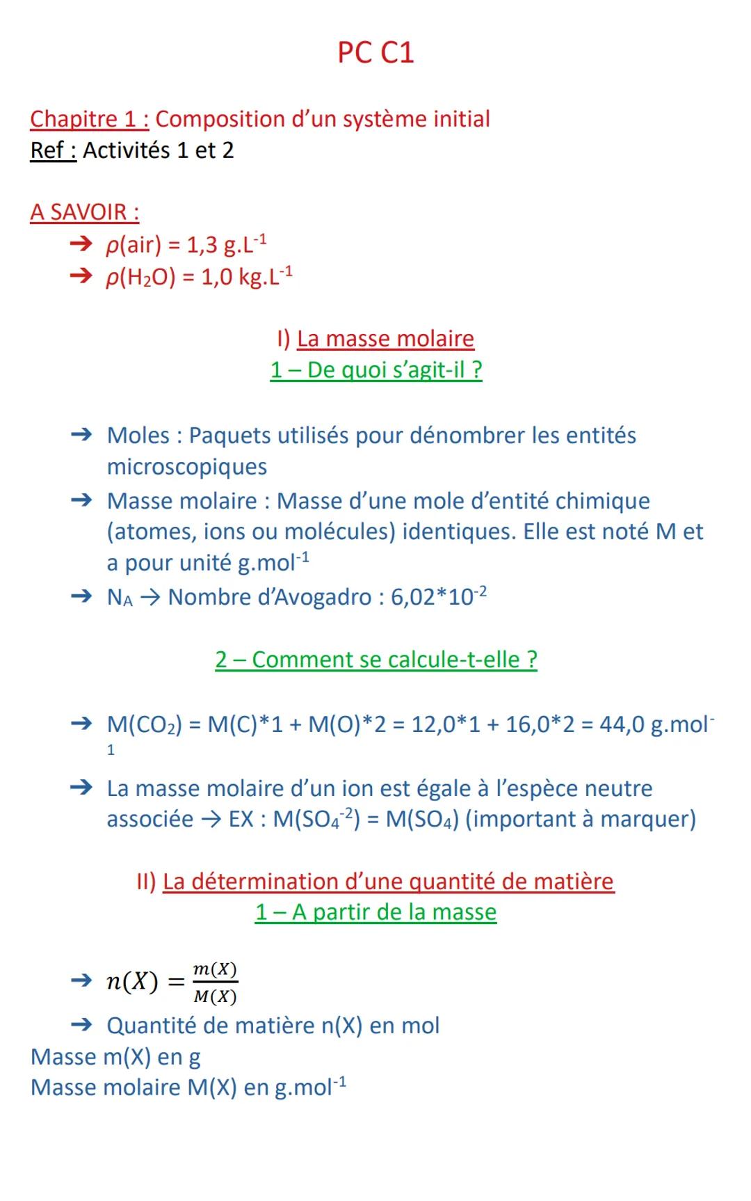 Chapitre 1: Composition d'un système initial
Ref: Activités 1 et 2
A SAVOIR :
→p(air) = 1,3 g.L-¹
→p(H₂O) = 1,0 kg.L-¹
PC C1
→ Moles: Paquet