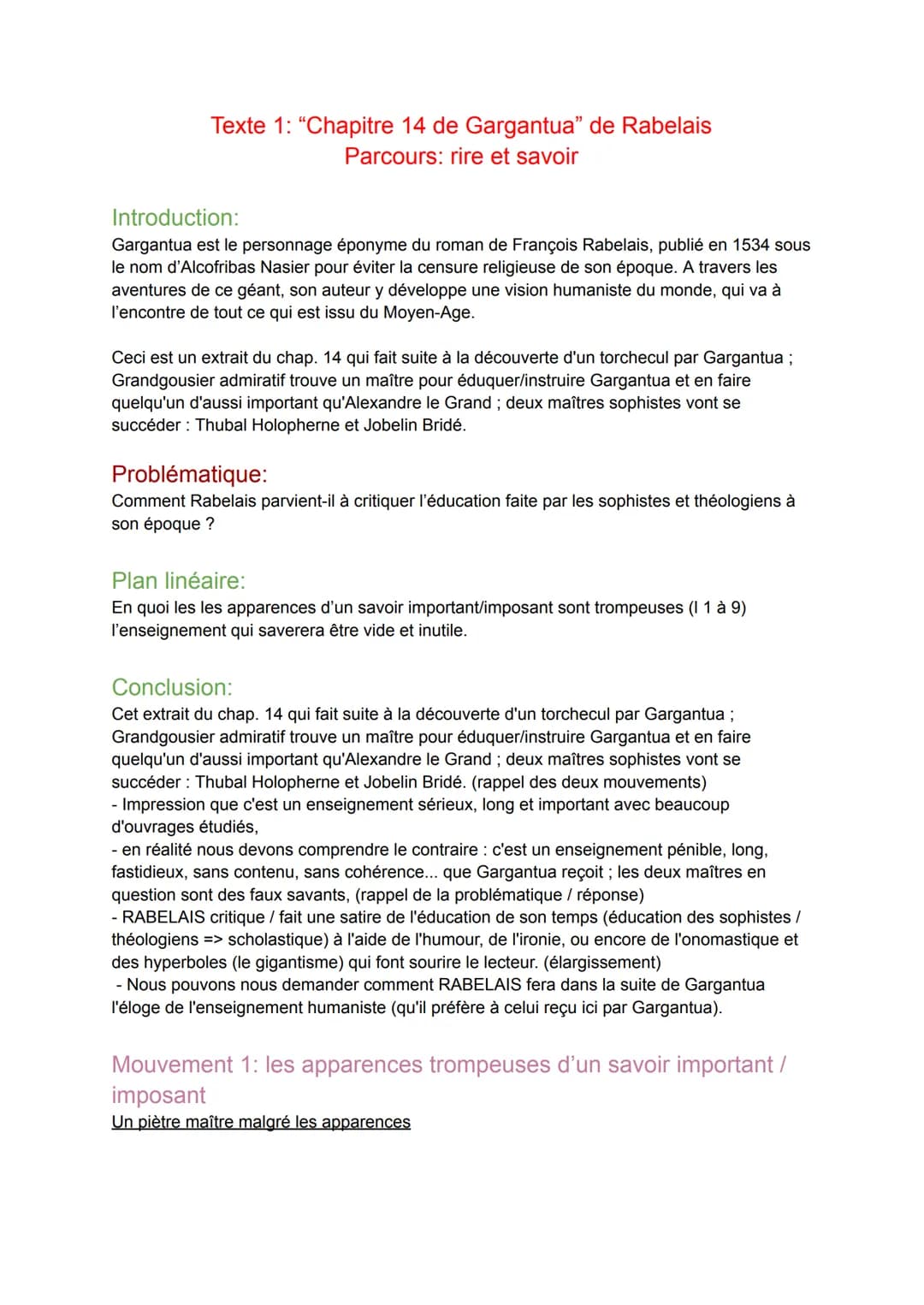 Texte 1: "Chapitre 14 de Gargantua" de Rabelais
Parcours: rire et savoir
Introduction:
Gargantua est le personnage éponyme du roman de Franç