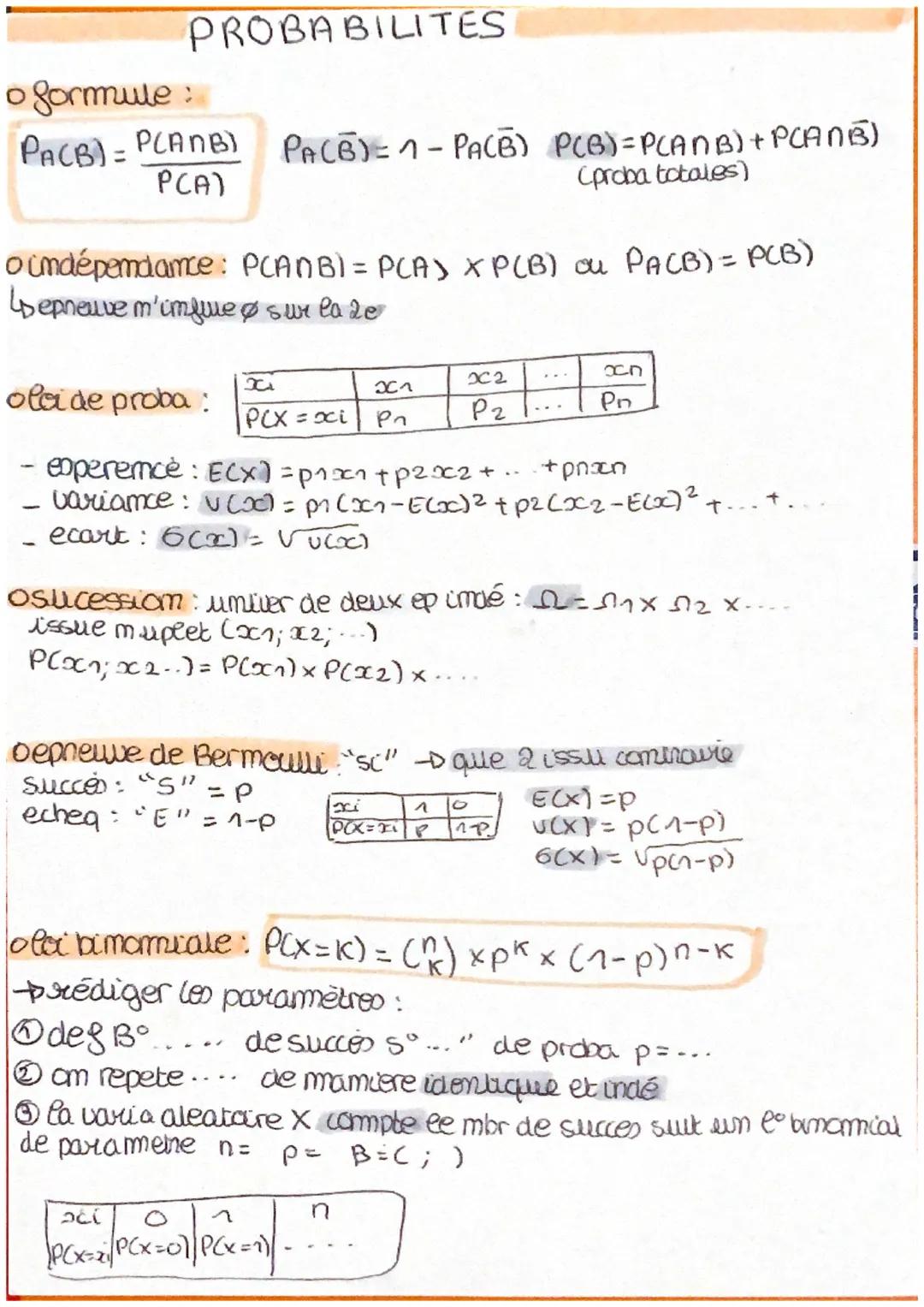 # PROBABILITES

o formule:
$PA(B)= \frac{P(A \cap B)}{P(A)}$  $PA(\overline{B})=1-PA(\overline{B})$ $P(B)=P(A \cap B)+P(A \cap \overline{B})