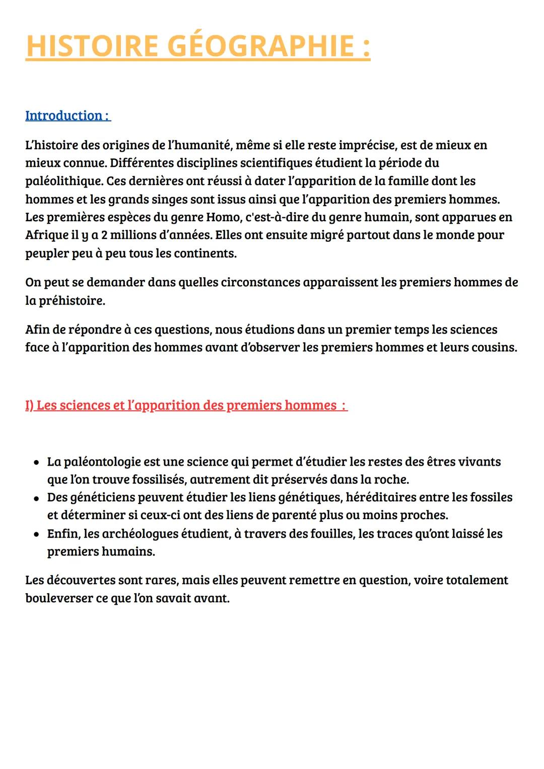 HISTOIRE GÉOGRAPHIE:
Introduction:
L'histoire des origines de l'humanité, même si elle reste imprécise, est de mieux en
mieux connue. Différ