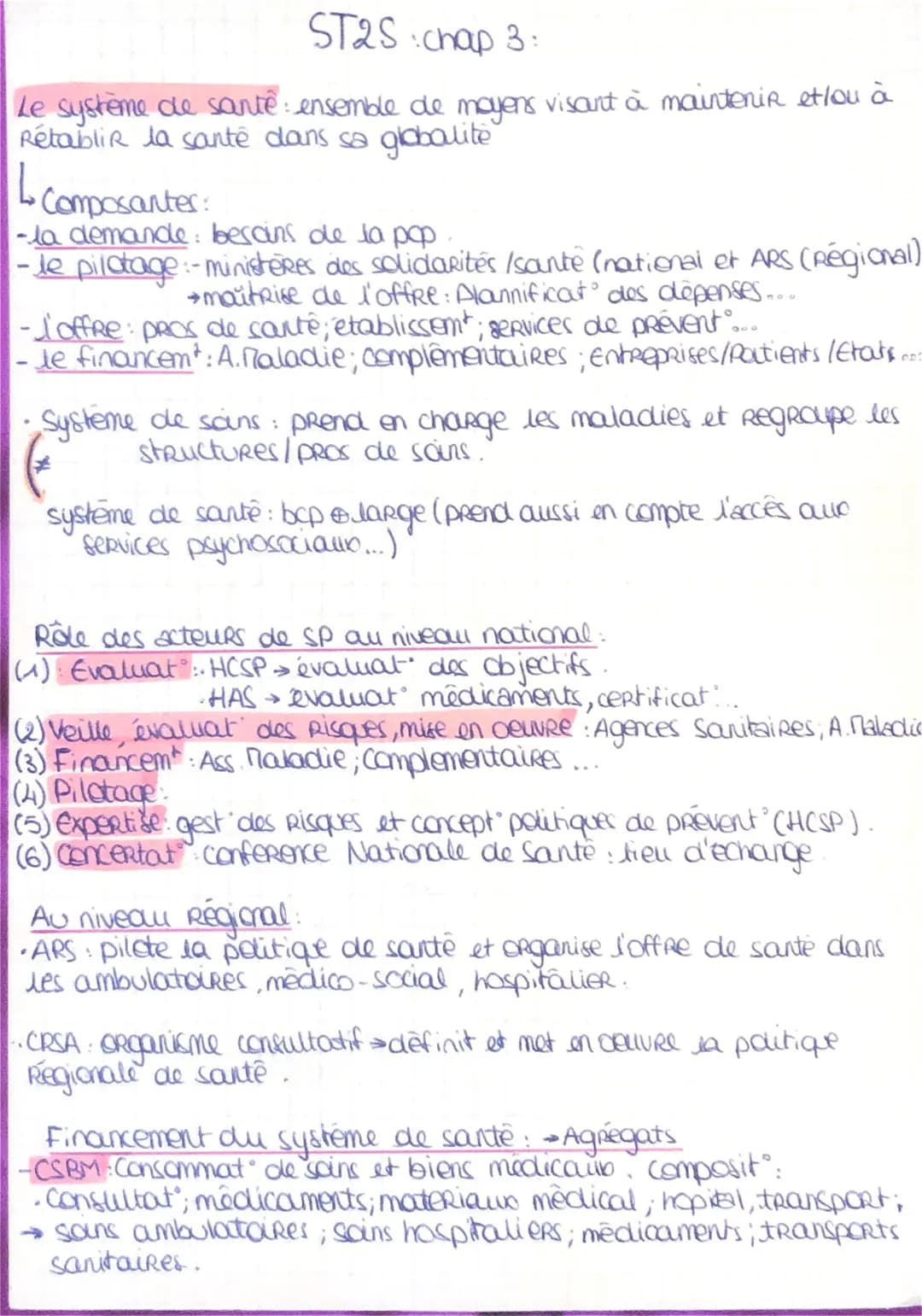 ST2S :chap 3:
Le système de sante: ensemble de moyens visant à maintenir et/ou à
Rétablir la santé dans sa globalite
↳
Composanter:
-la dema