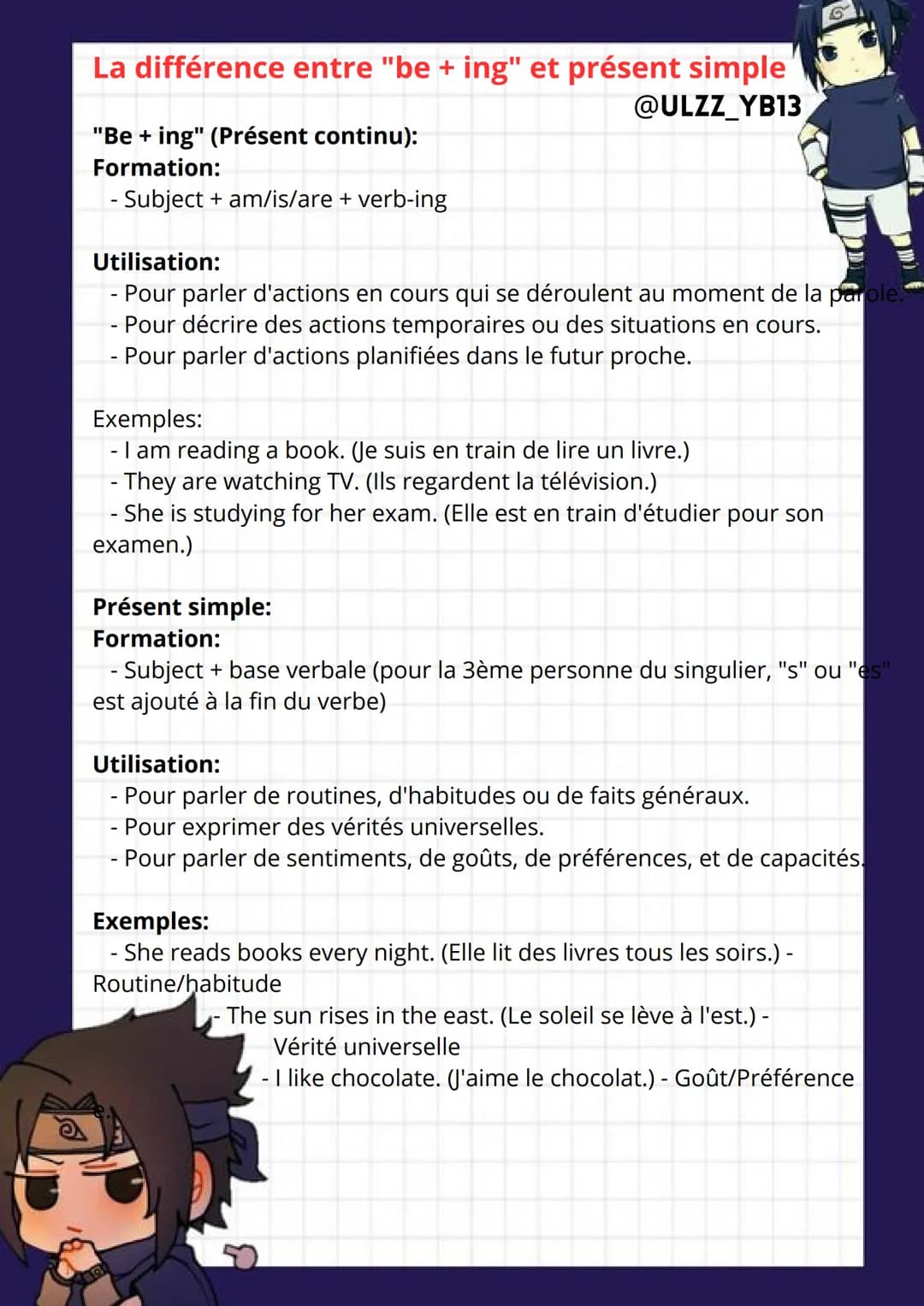 La différence entre "be + ing" et présent simple
"Be + ing" (Présent continu):
Formation:
- Subject + am/is/are + verb-ing
Utilisation:
-
-
