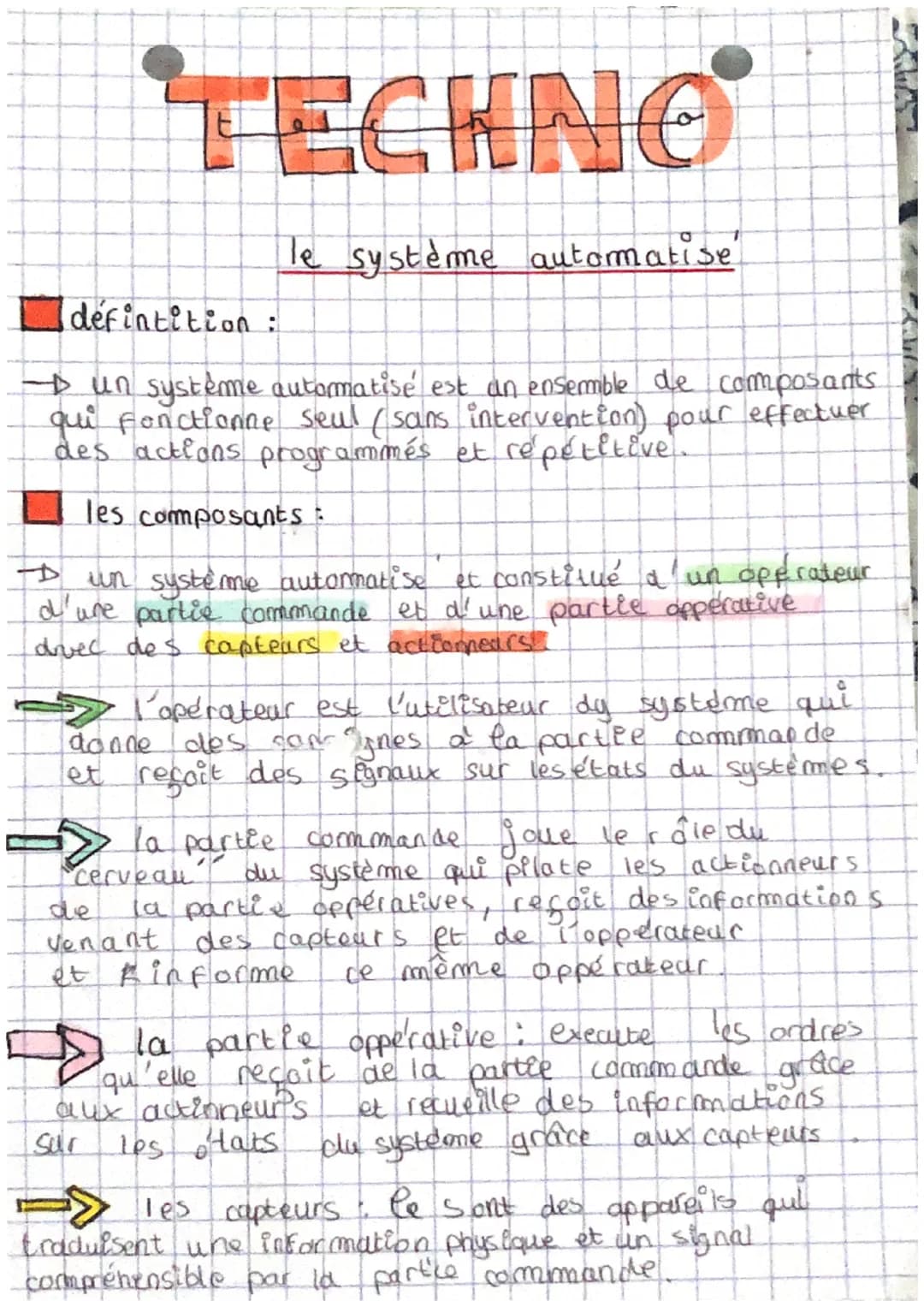 TECHNO
le système automatise
défintition :
- un système automatisé est an ensemble de composants
qui fonctionne seul sans intervention) pour