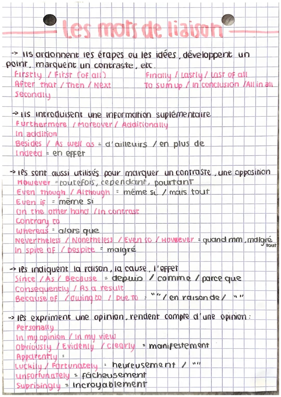 les mots de liaison -
→> is ardonnent les érapes ou les idées développent un
point, marquent un contraste, etc.
Firstly / First of all)
Afte