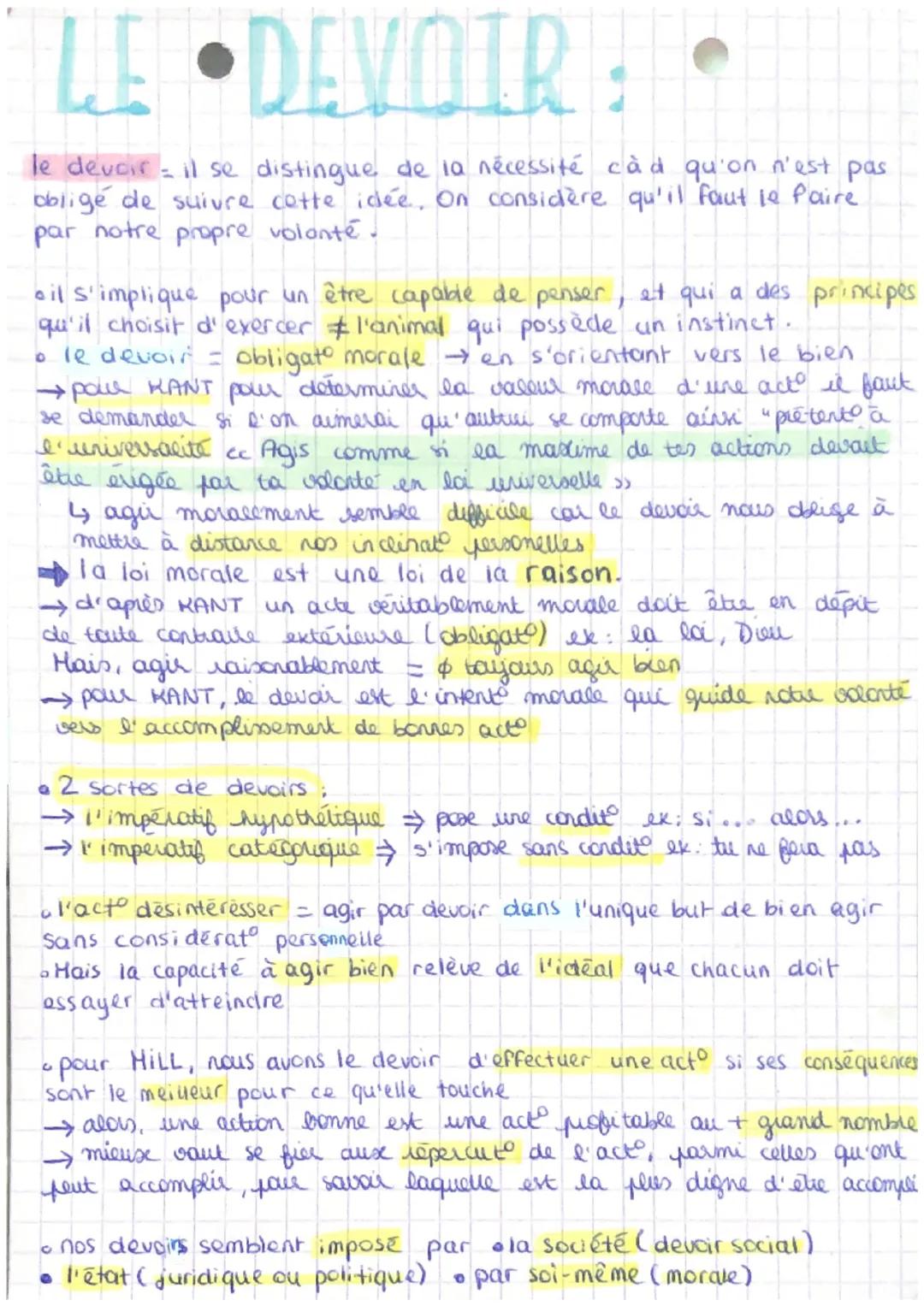 LE •DEVOIRE
le devoir - il se distingue de la nécessité càd qu'on n'est pas
oblige de suivre cette idée. On considère qu'il faut le faire.
p