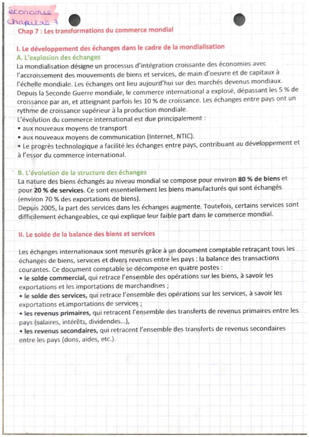 économie
chapitre 7
Chap 7: Les transformations du commerce mondial
I. Le développement des échanges dans le cadre de la mondialisation
A. L