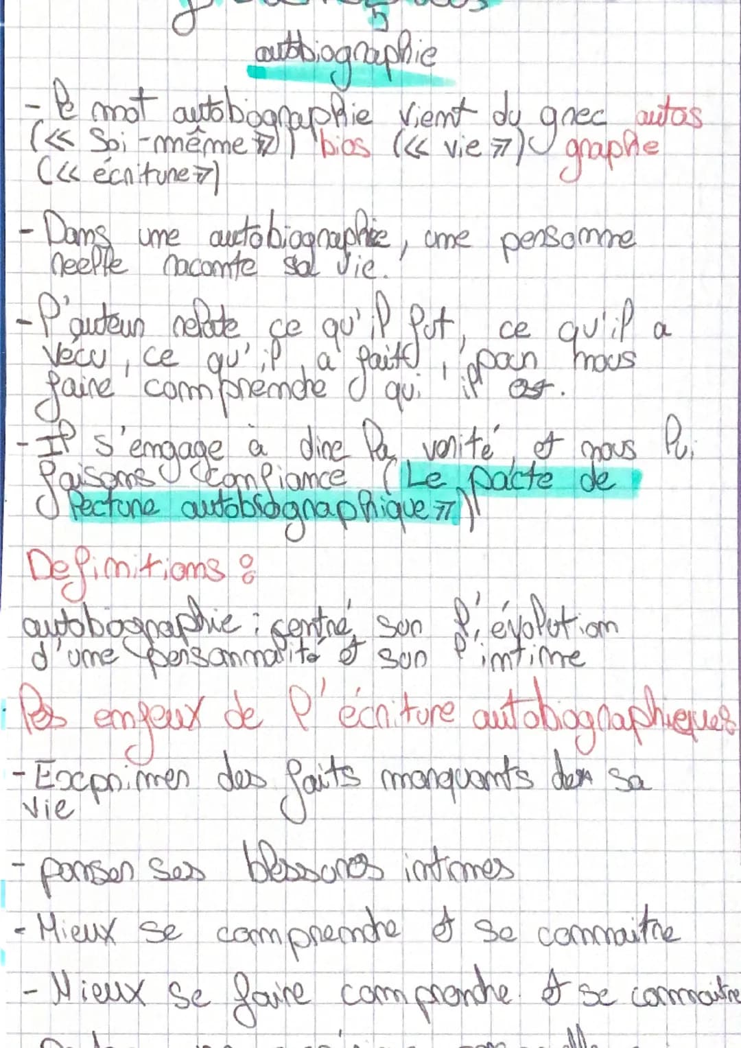 autobiographie
- le mot autobiographie vient du grec autas.
(<< Spi-même)) bios (« vie 77) graphe
(<< écnitune+)
Dans une autobiographice, o