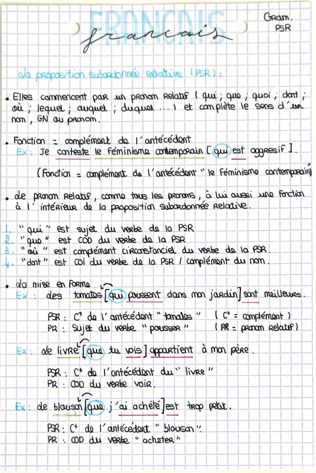 T
2.
francais
da proposition subordonnée Relative (PSR):
proposition
Gram
PSR
Elles commencent par un pronom Relatif ( qui; que; quoi; don't