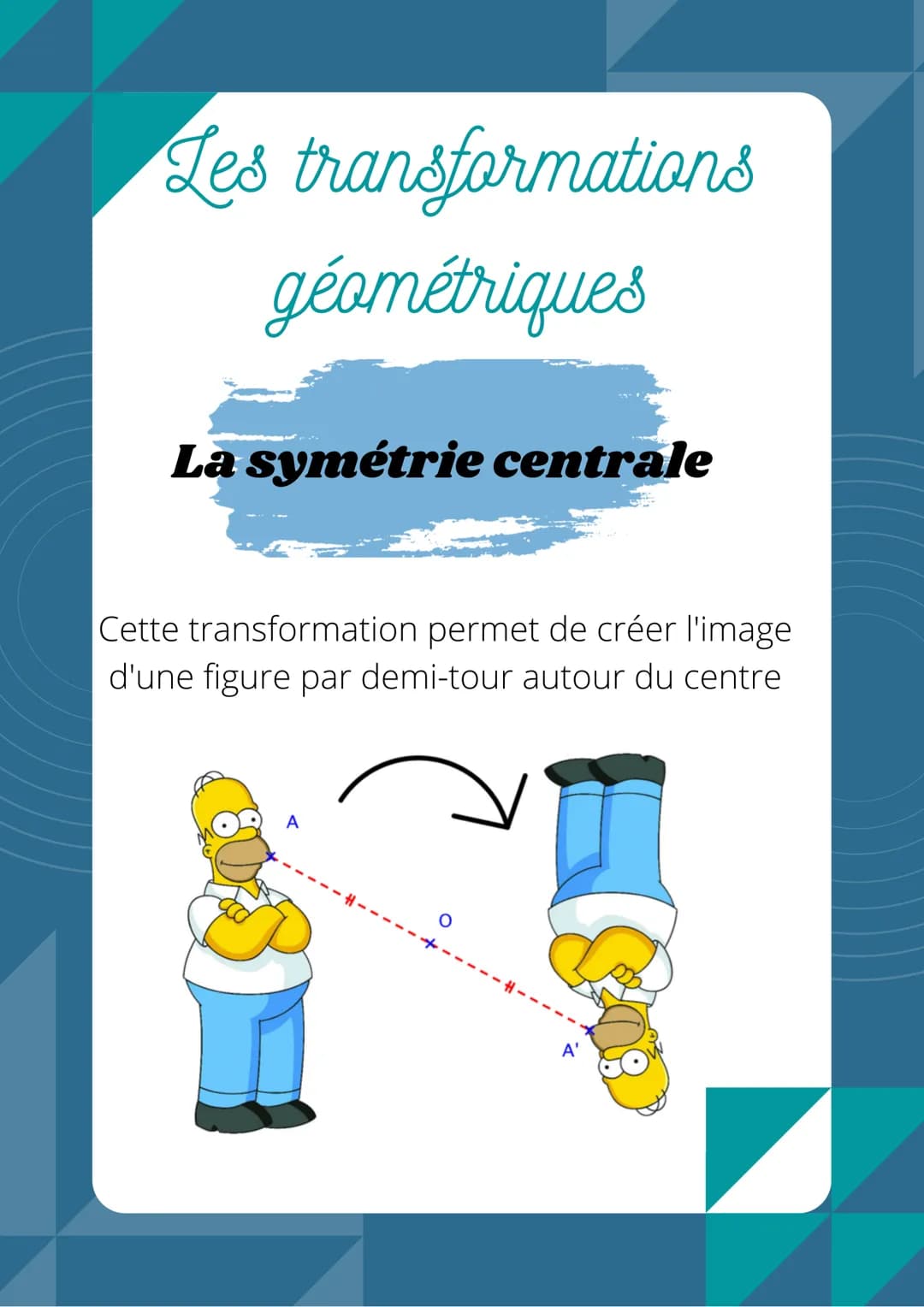 Les transformations
géométriques
La symétrie axiale
Cette transformation permet de créer l'image
d'une figure par pliage le long d'un axe.
(
