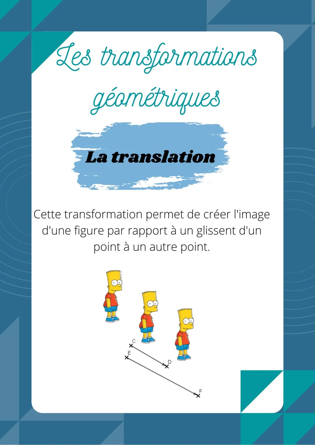 Les transformations
géométriques
La symétrie axiale
Cette transformation permet de créer l'image
d'une figure par pliage le long d'un axe.
(