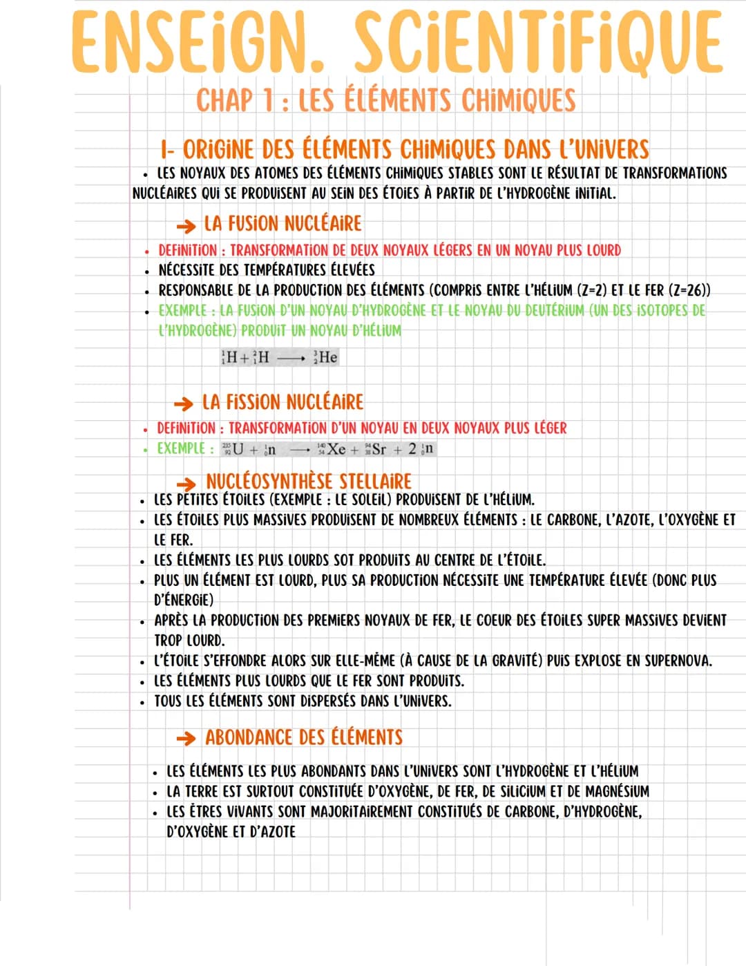 ENSEIGN. SCIENTIFIQUE
CHAP 1: LES ÉLÉMENTS CHIMIQUES
I-ORIGINE DES ÉLÉMENTS CHIMIQUES DANS L'UNIVERS
LES NOYAUX DES ATOMES DES ÉLÉMENTS CHIM