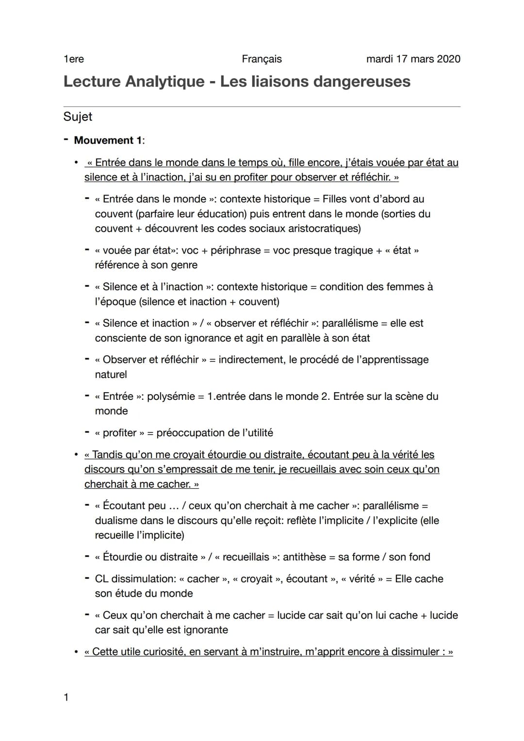 1ere
Sujet
Lecture Analytique - Les liaisons dangereuses
1
Français
●
mardi 17 mars 2020
Mouvement 1:
<< Entrée dans le monde dans le temps 