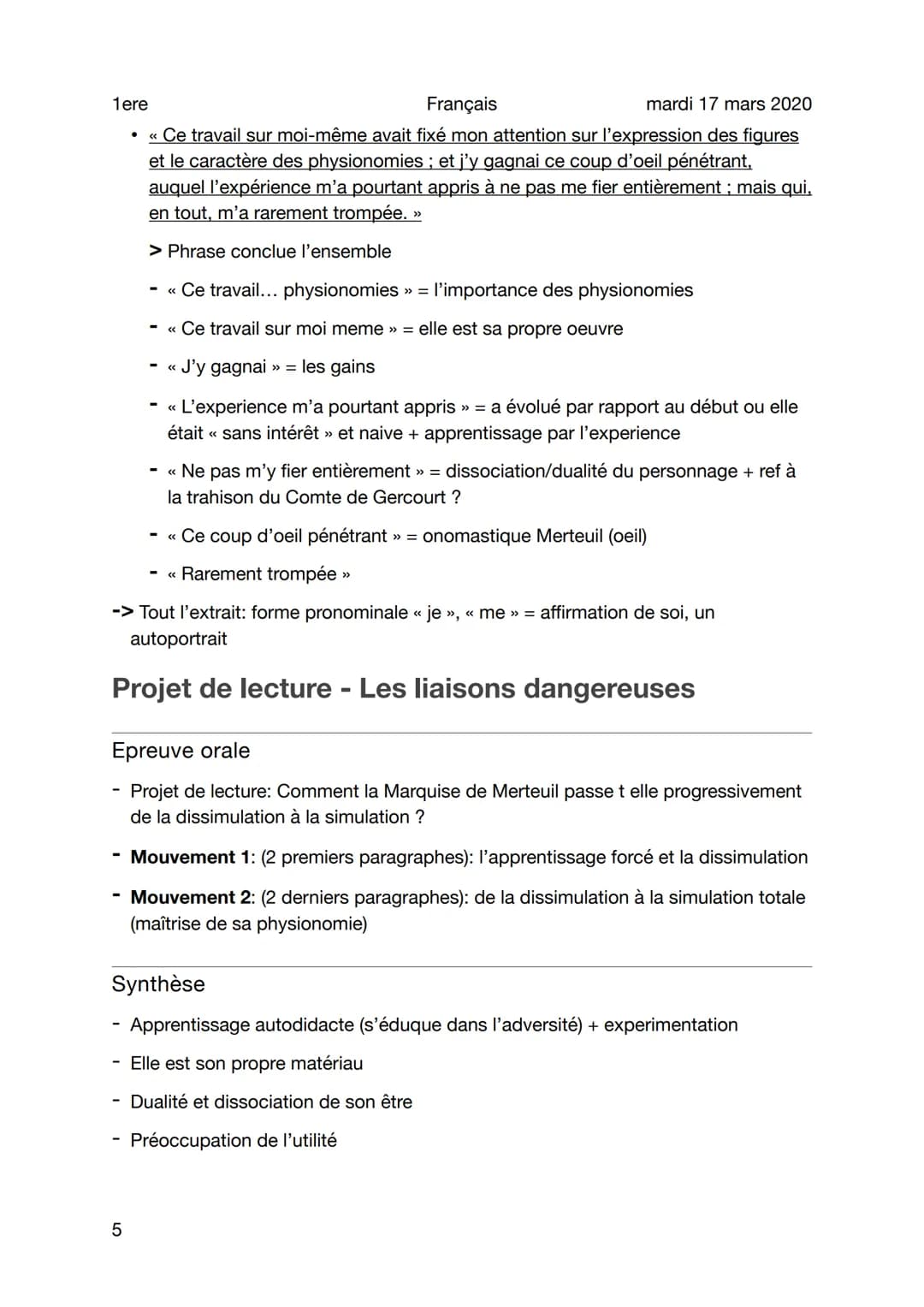 1ere
Sujet
Lecture Analytique - Les liaisons dangereuses
1
Français
●
mardi 17 mars 2020
Mouvement 1:
<< Entrée dans le monde dans le temps 