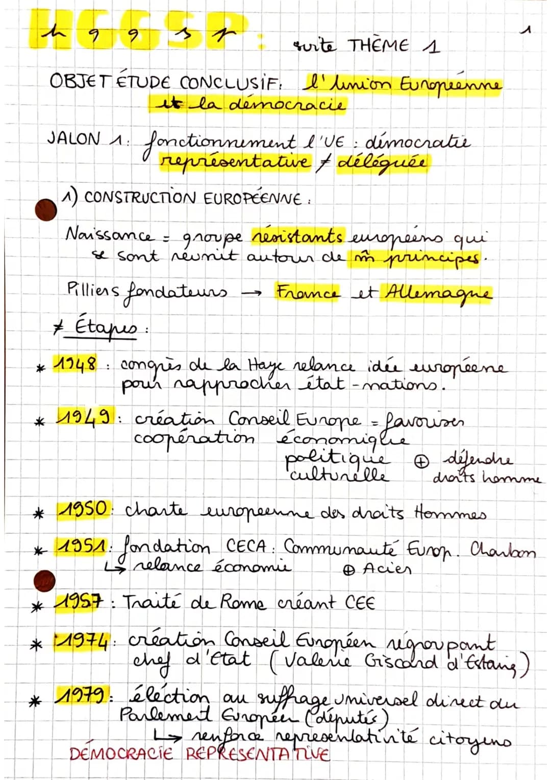 h 9
9
suite THEME 1
OBJET ETUDE CONCLUSIF, I'linion Européenne
it la démocracie
JALON 1: fonctionnement I'VE : démocratie
représentative / d