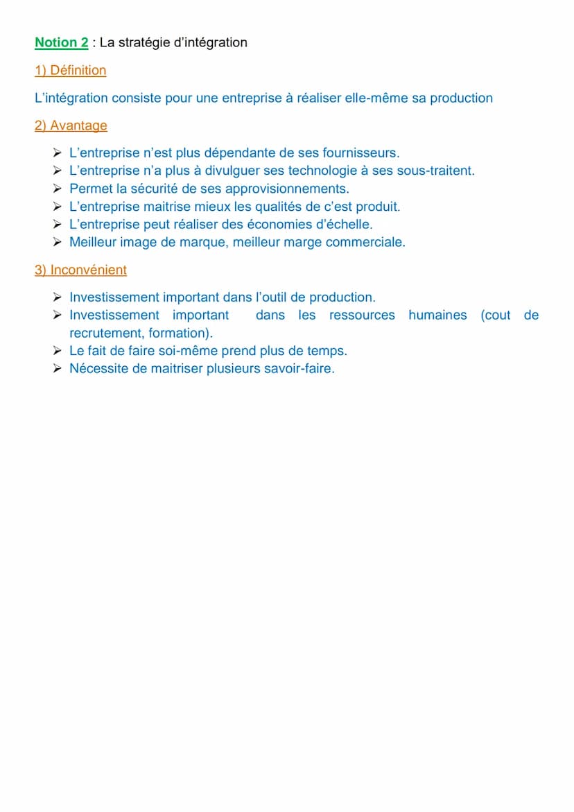Chapitre 9: La stratégie
d'externalisation
stratégie globale)
Choix stratégique
Notion 1: La stratégie
et d'intégration (=
Option stratégiqu
