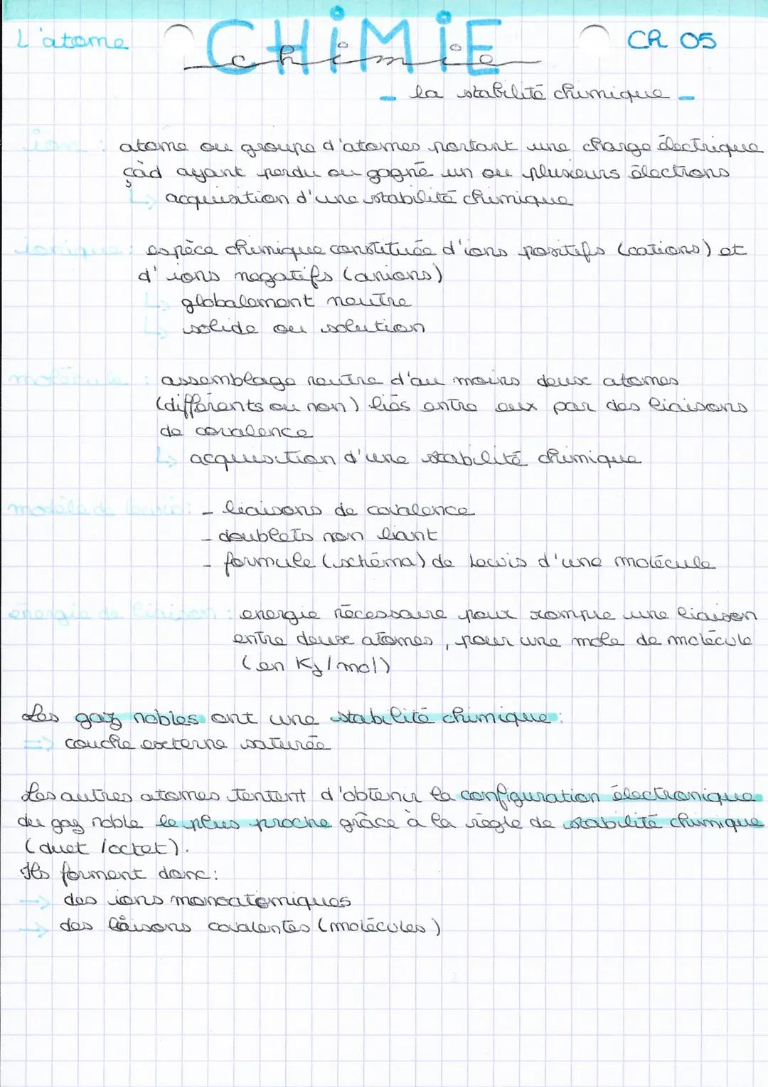 # L'atome CHIMIE CROS

- la stabilité chimique -

atome ou groupe d'atomes portant une charge Lectrique
cad ayant perdu on gagné un ou plusi