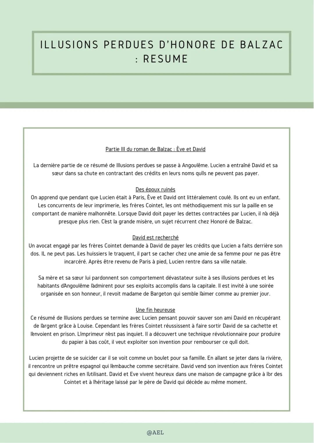 ILLUSIONS PERDUES D'HONORE DE BALZAC
: RESUME
Partie III du roman de Balzac : Ève et David
La dernière partie de ce résumé de Illusions perd