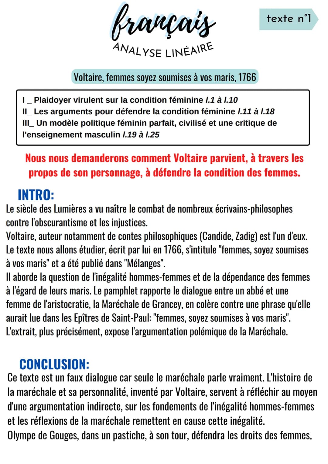 français
ANALYSE LINÉAIRE
texte n°1
Voltaire, femmes soyez soumises à vos maris, 1766
I_ Plaidoyer virulent sur la condition féminine I.1 à 