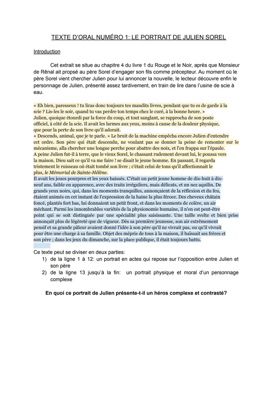 TEXTE D'ORAL NUMÉRO 1: LE PORTRAIT DE JULIEN SOREL
Introduction
Cet extrait se situe au chapitre 4 du livre 1 du Rouge et le Noir, après que