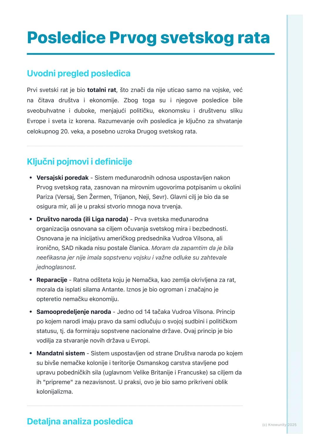 # Posledice Prvog svetskog rata

Uvodni pregled posledica

Prvi svetski rat je bio totalni rat, što znači da nije uticao samo na vojske, već