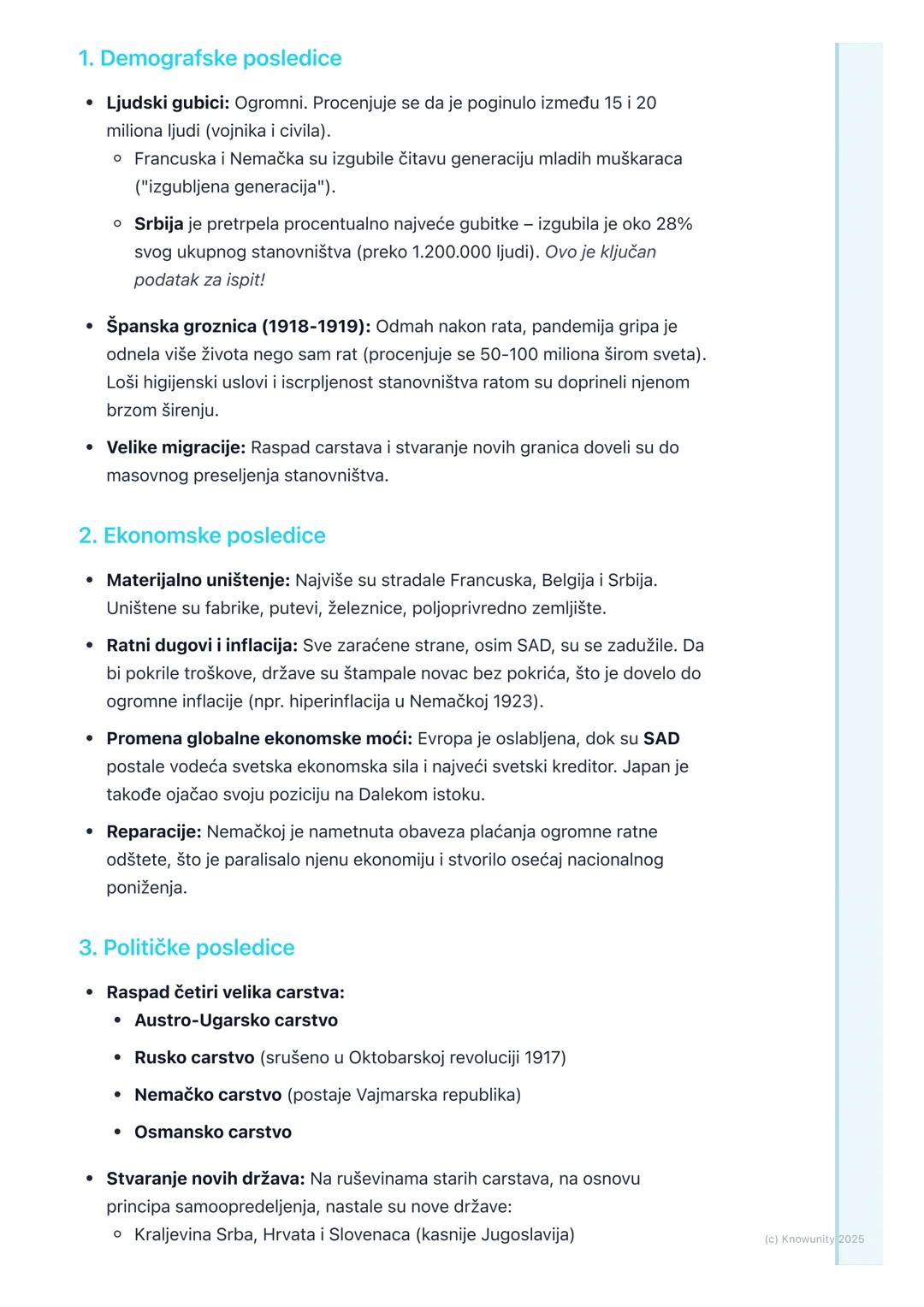 # Posledice Prvog svetskog rata

Uvodni pregled posledica

Prvi svetski rat je bio totalni rat, što znači da nije uticao samo na vojske, već