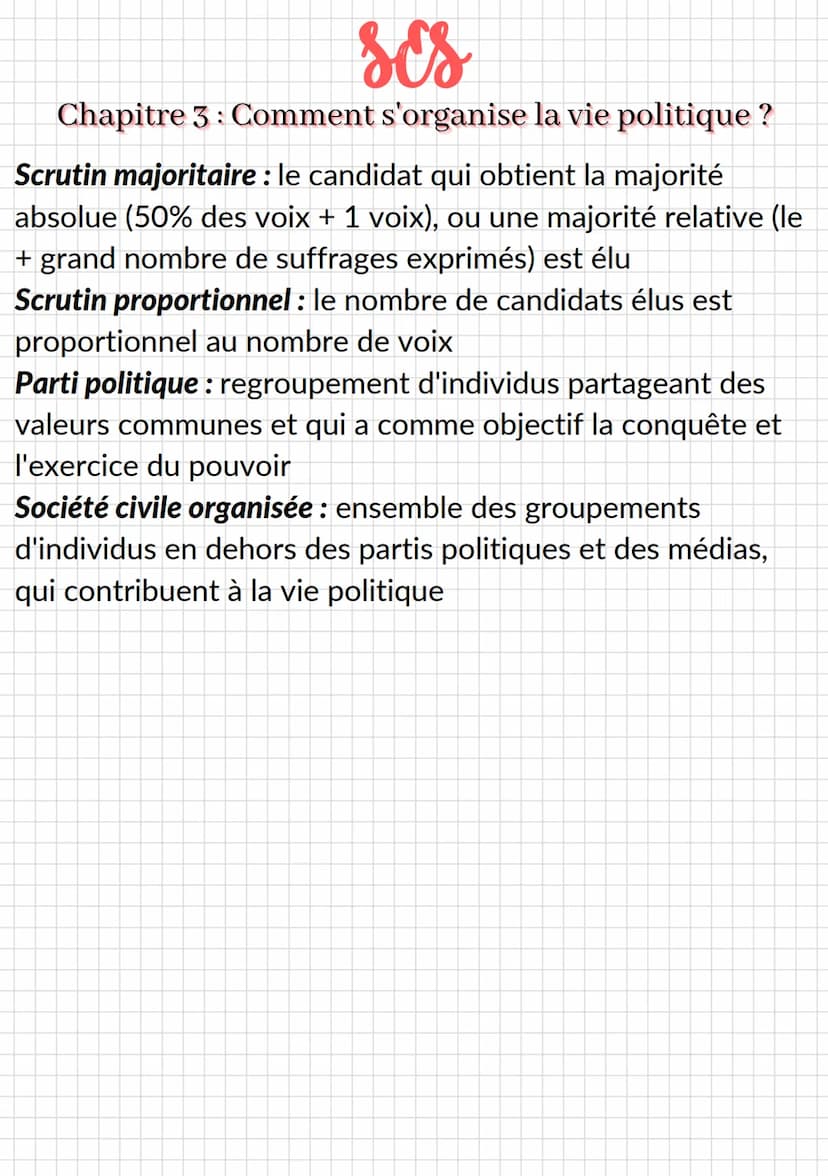 ses
Chapitre 3: Comment s'organise la vie politique ?
Définitions
Pouvoir politique: capacité d'imposer des règles à
l'ensemble d'une sociét