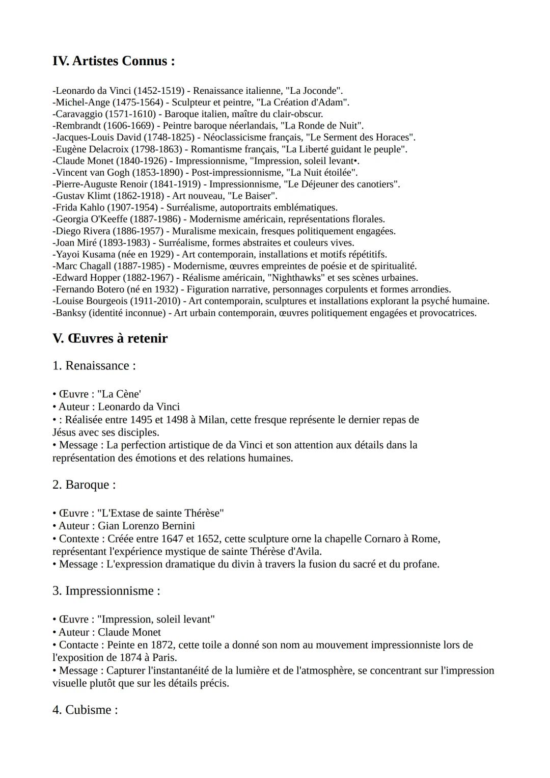 Fiche de Révisions - Bac Histoire de l'Art

I. Mouvements Artistiques Importants :

• Renaissance: Redécouverte des arts de l'Antiquité, hum