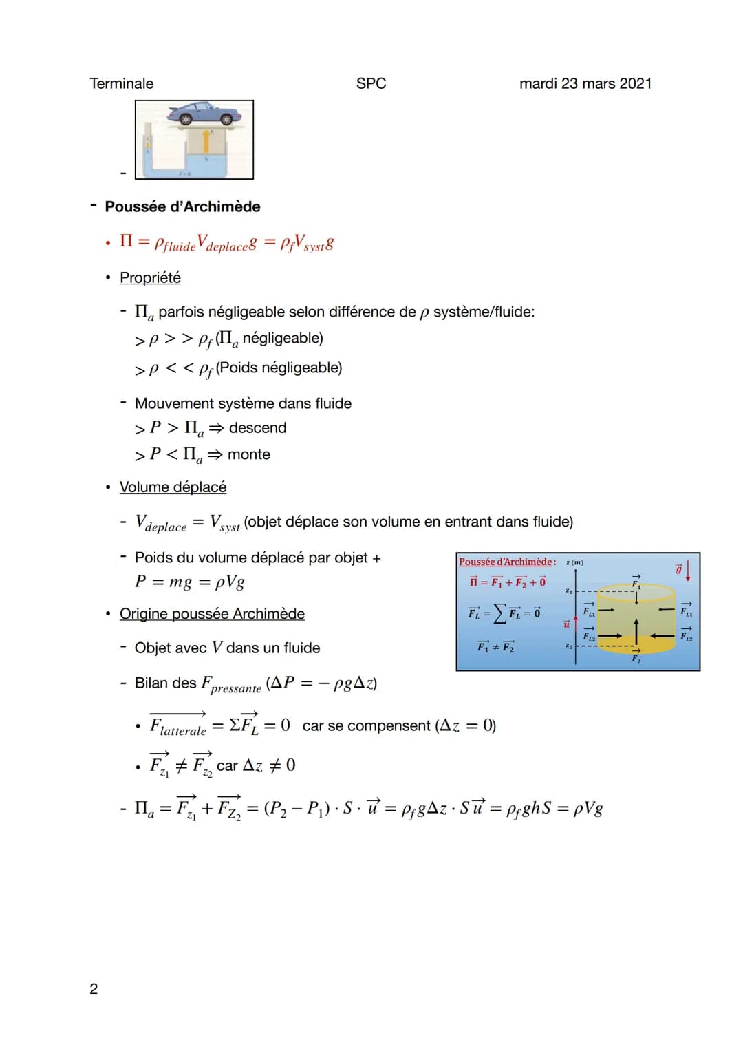 Terminale
Statique des fluides
Sujet général
Pression et force pressante
Pression
●
1
F
●
- P=.
S
• Force pressante
- F = PX S
(grandeur sca