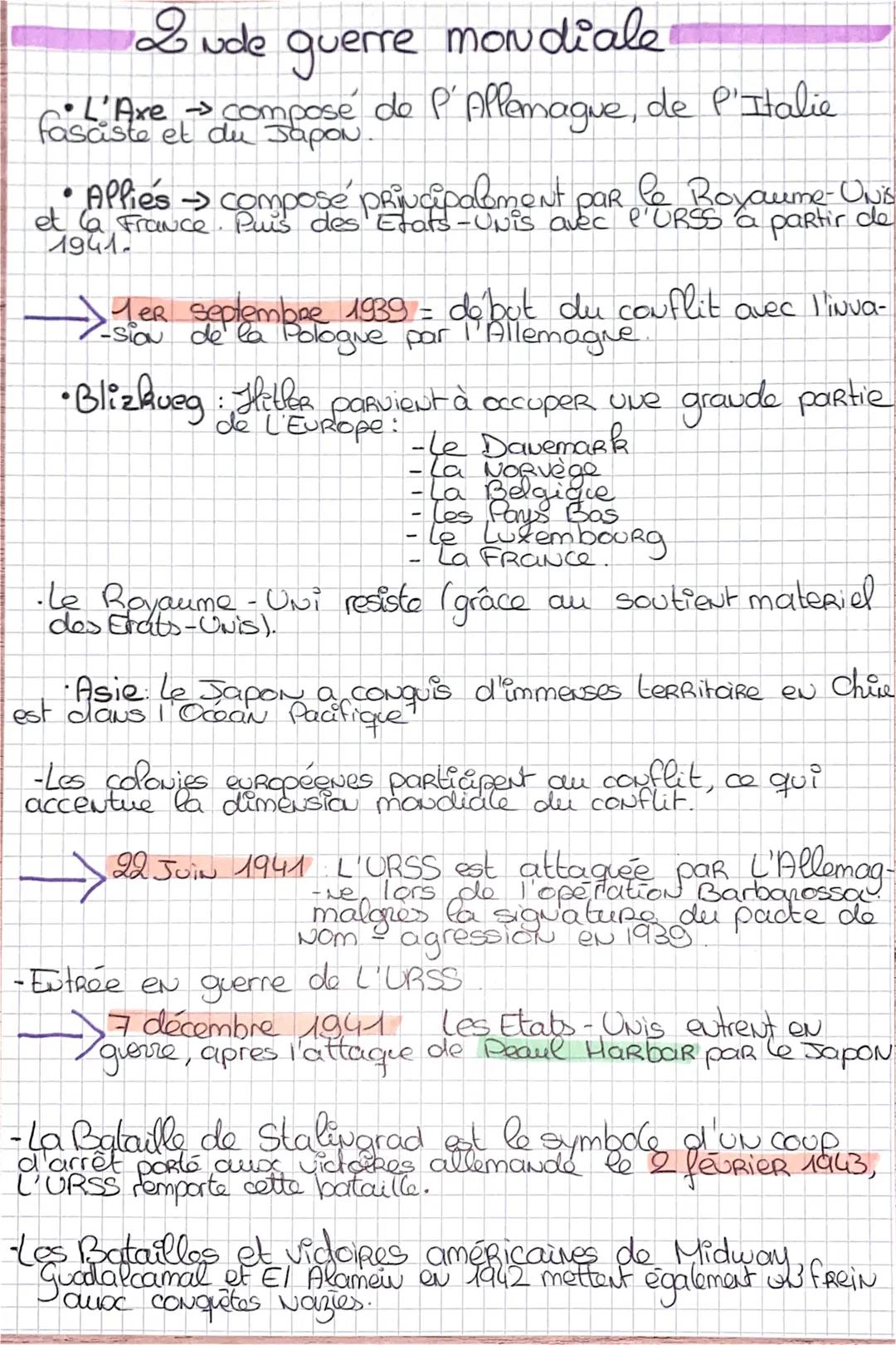 # 2 wde guerre mondiale

*   L'Axe composé de P'Allemagne, de P'Italie
→
fasciste et du Japon.

*   Alliés composé Principalement par le Roy