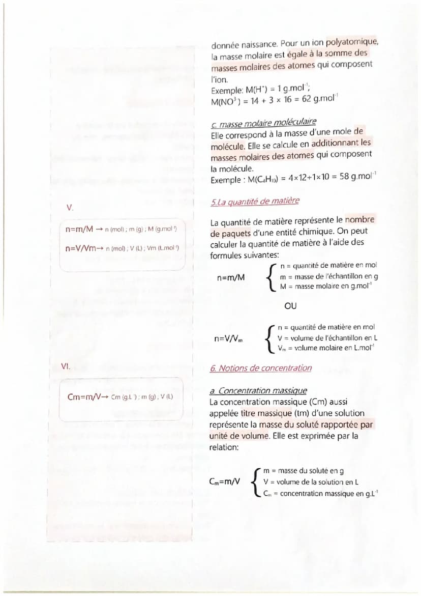 1.1.
11.
Noté N
Unité : mot¹
N₁ = 6,02 x 10 mot¹
III.
Noté V
Unité : L.mol¹
IV.
Noté M
Unité : g.mol-¹
1) La mole
La mole représente un paqu