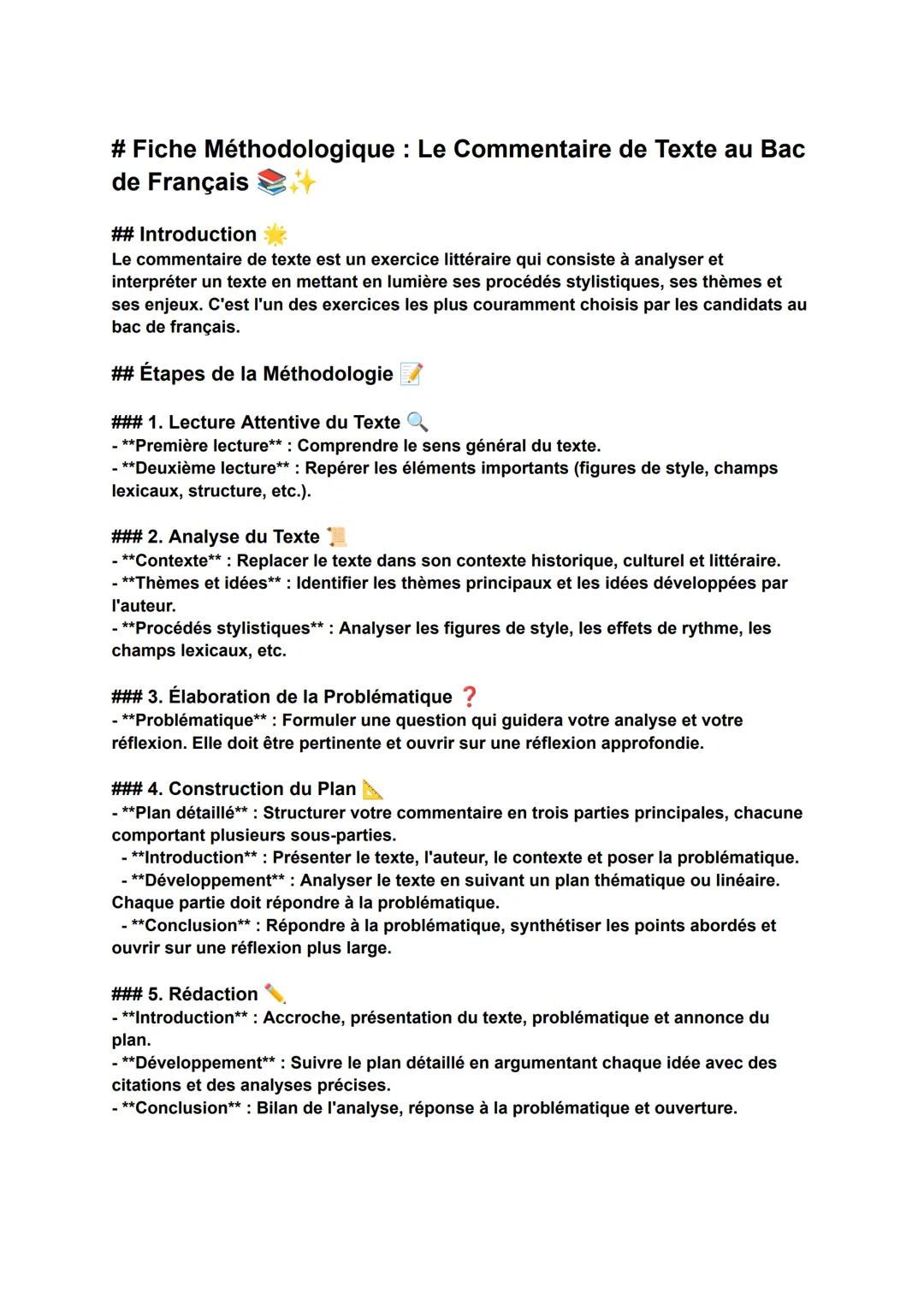# Fiche Méthodologique: Le Commentaire de Texte au Bac
de Françaist
## Introduction
Le commentaire de texte est un exercice littéraire qui c